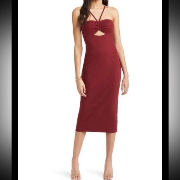 NWT Open Edit Burgundy Ribbed Midi Dress Keyhole‎ Halter Size Small Nordstrom - Picture 1 of 6